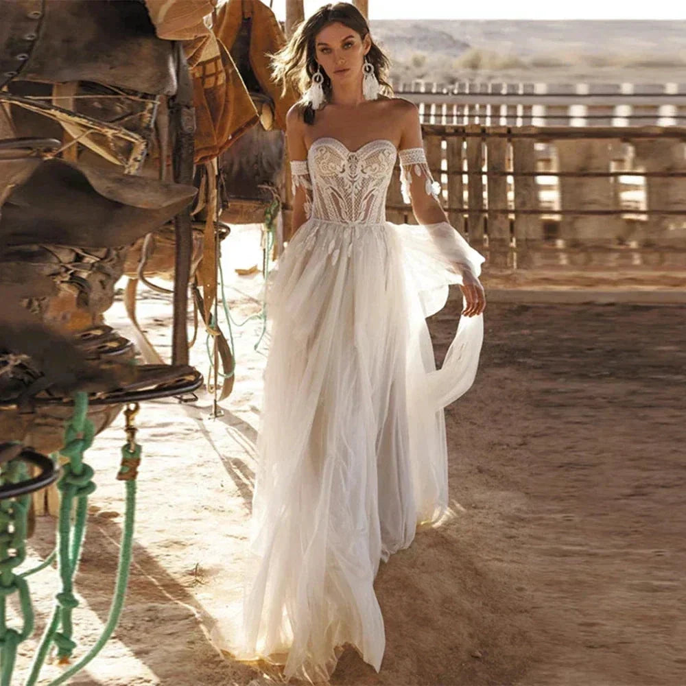Boho Lace Tassel Tulle Beach Wedding Dresses Sweetheart Neck Off The Shoulder A-Line Illusion Lace Up Backless 2023 Bridal Gowns by payinti