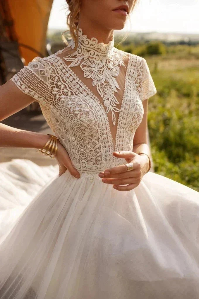 Boho Lace Tulle High Neck Wedding Dresses Women's Cap Sleeves A-Line Bohemian Bridal Gowns Vintage Elegant Robes De Mariée (ZD14183)