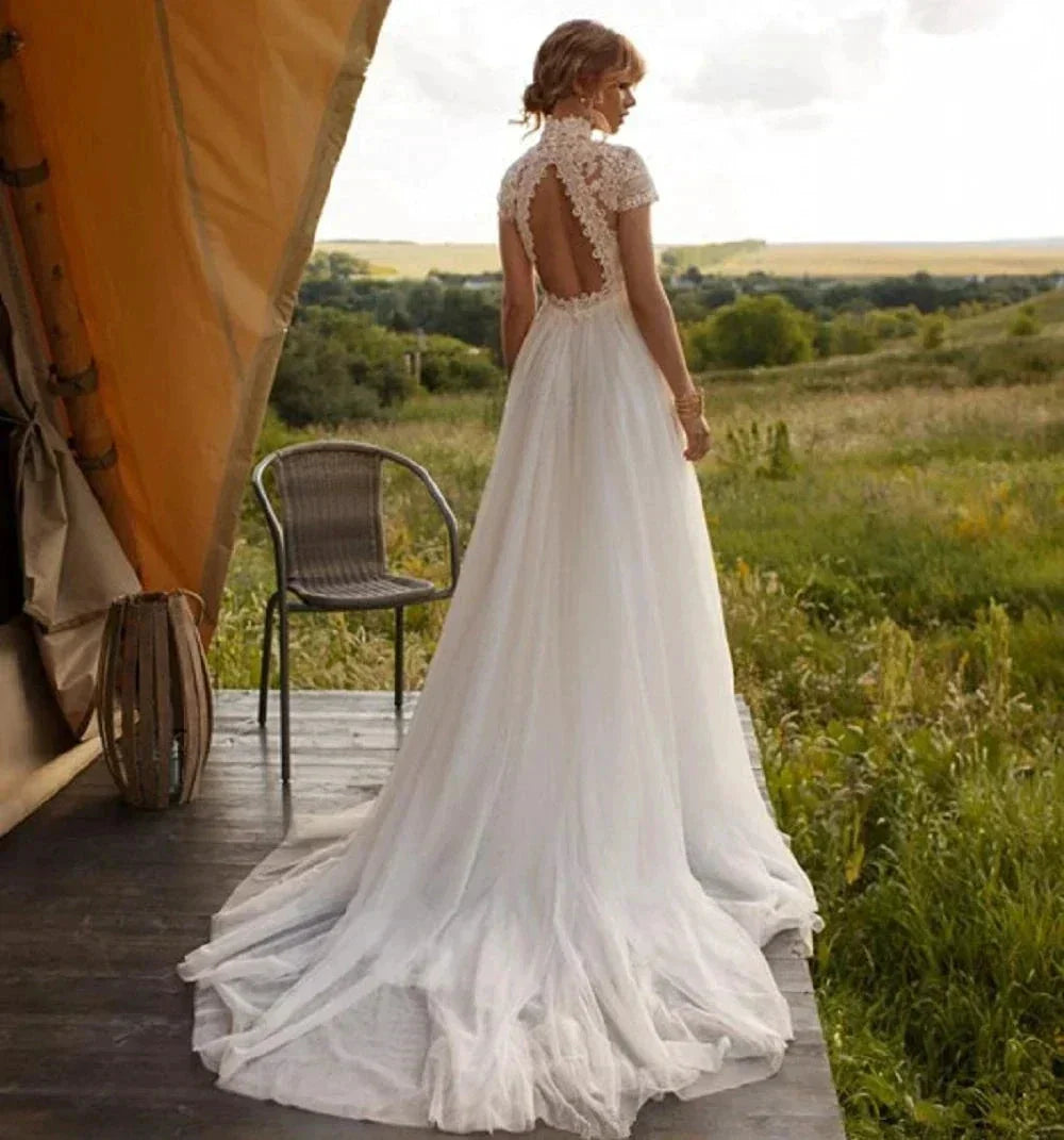 Boho Lace Tulle High Neck Wedding Dresses Women's Cap Sleeves A-Line Bohemian Bridal Gowns Vintage Elegant Robes De Mariée (ZD14183)