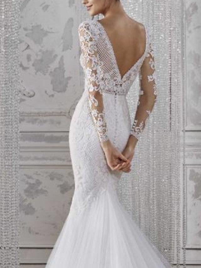 Boho Mermaid Beach Wedding Dresses V-Neck Lace Tulle Long Sleeve Bridal Gowns Illusion Sleeve Bridal Gowns Court Train