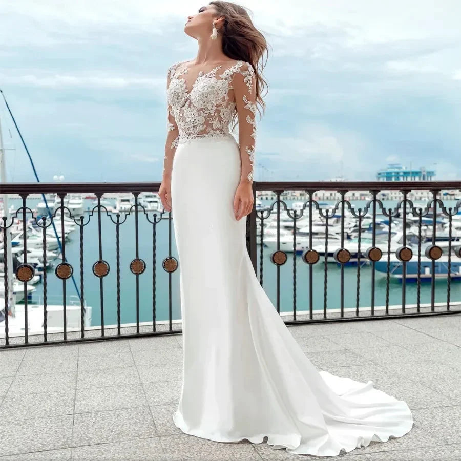 Mermaid Wedding Dresses Long Sleeves Sheer Scoop Neckline Applique Satin Buttons Back Beach Bridal Gowns Sweep Train 2023 (ZD13450)