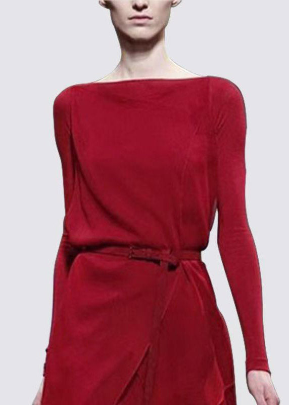 Boho Mulberry Slash Neck Asymmetrical Sashes Chiffon Long Dress Fall