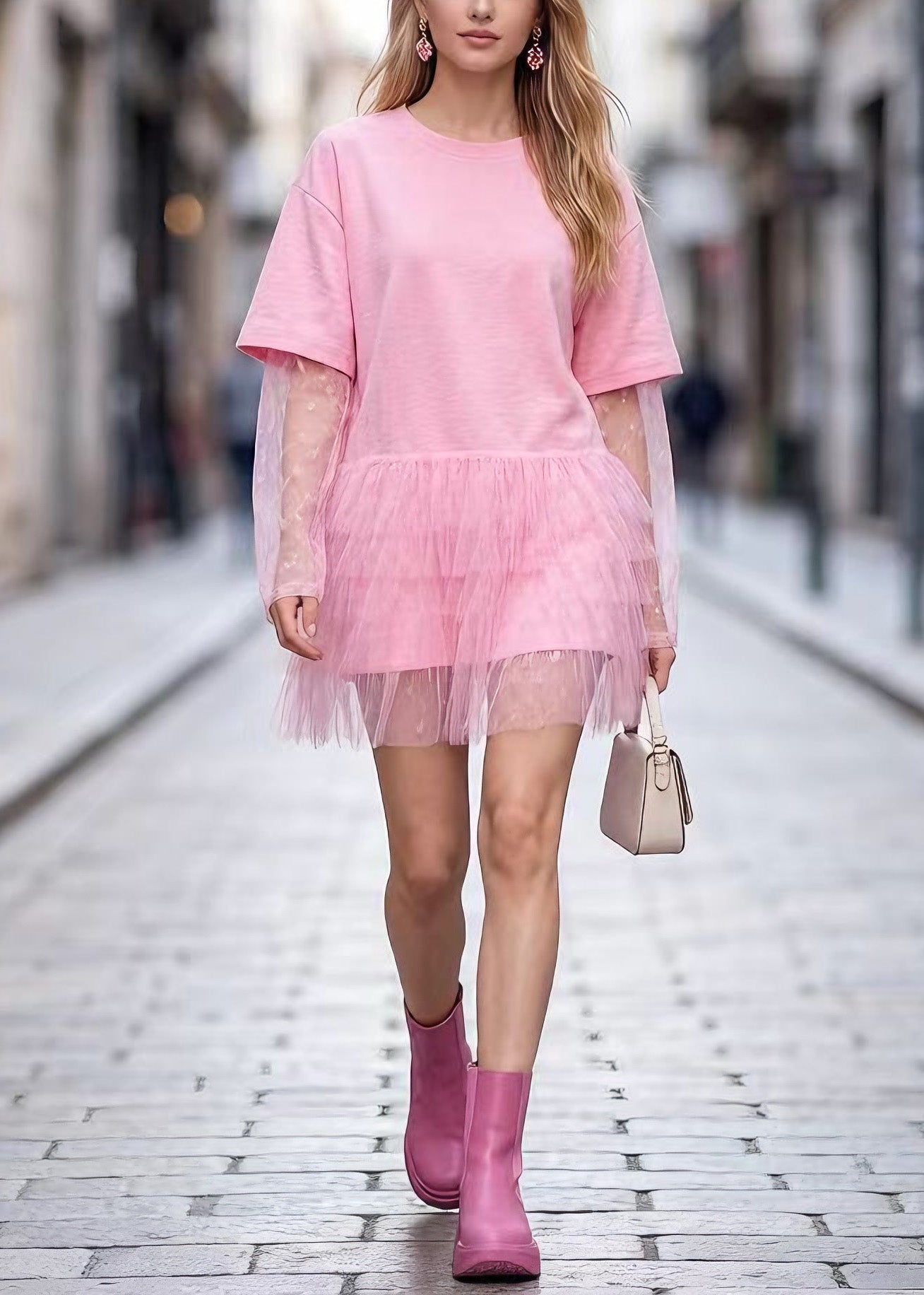 Boho Pink O Neck Tulle Patchwork Cotton Short Dress Summer