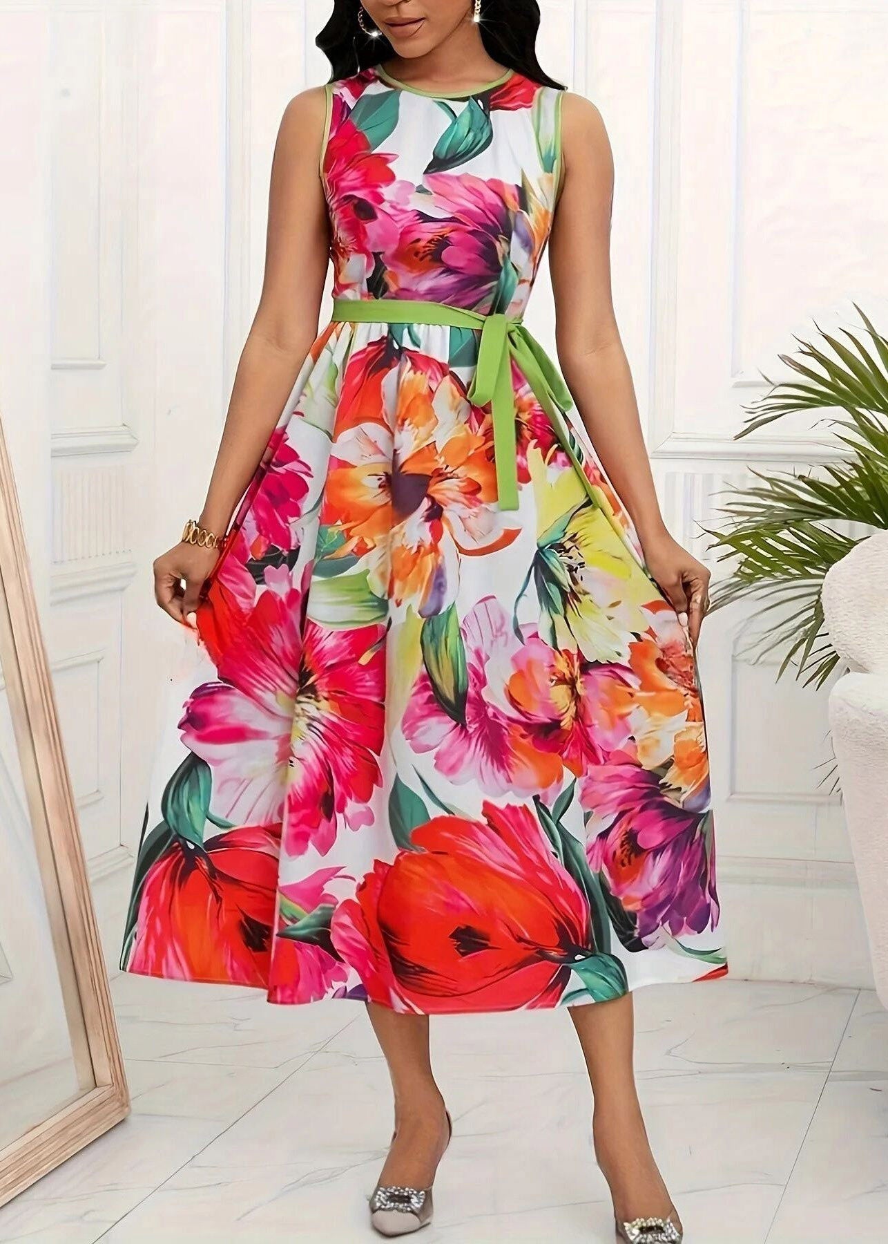 Boho Red O-Neck Print Tie Waist Maxi Dress Sleeveless