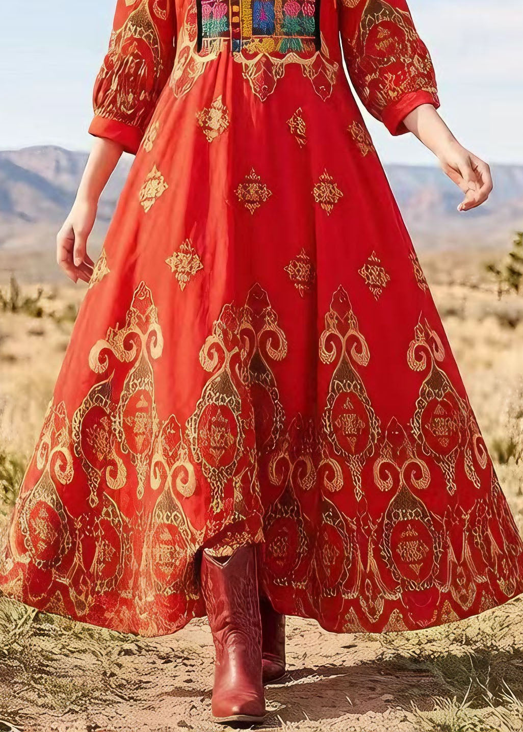 Boho Red V Neck Print Exra Large Hem Cotton Dress Lantern Sleeve