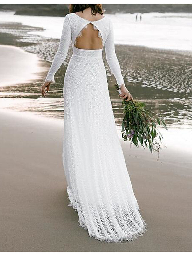 Boho Sexy Backless A-Line Beach Wedding Dress V-neck Lace Long Sleeve Bridal Gowns with Sweep Train