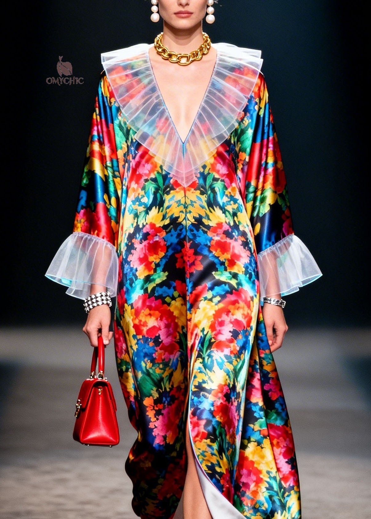 Boho V Neck Ruffled Print Patchwork Chiffon Robe Dresses Spring