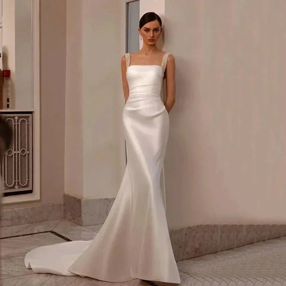Boho Wedding Dresses Off The Shoulder With Sequined Square Neck Ball Gowns Smooth Satin Formal Bridal Party Vestido De Novia (ZD13528) - VelvetHem