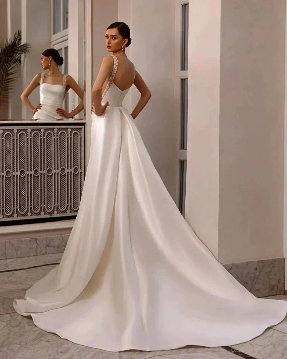 Boho Wedding Dresses Off The Shoulder With Sequined Square Neck Ball Gowns Smooth Satin Formal Bridal Party Vestido De Novia (ZD13528)