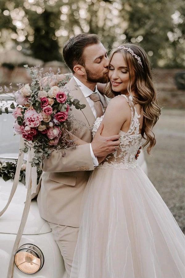 A-line Boho Champagne Off The Shoulder Wedding Dress Bridal Gown (ZD16221)
