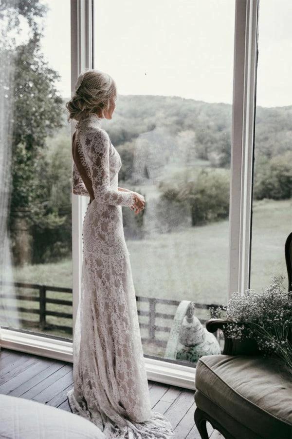 Boho High Neckline Long Sleeves Lace Wedding Dresses Rustic Wedding (ZD16210) - VelvetHem