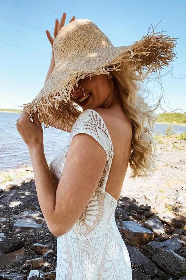 Boho Lace Sheath Sweep Train Sheath Beach Wedding Dresses (ZD16212)