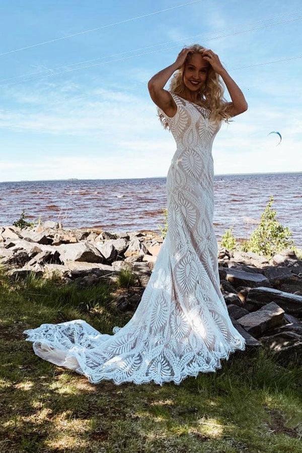 Boho Lace Sheath Sweep Train Sheath Beach Wedding Dresses (ZD16212) - VelvetHem