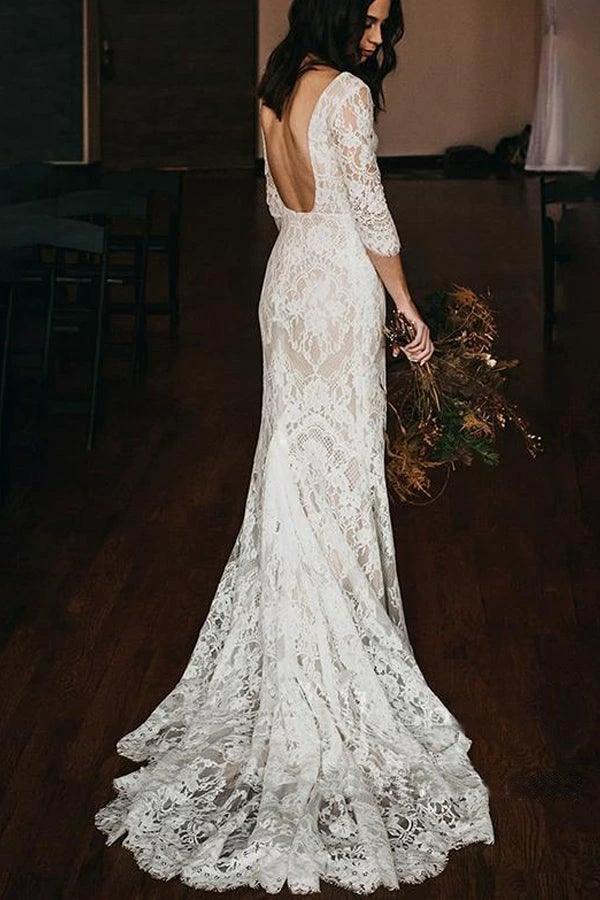 Boho Lace V Neck Mermaid Wedding Dresses With Court train (ZD16223)
