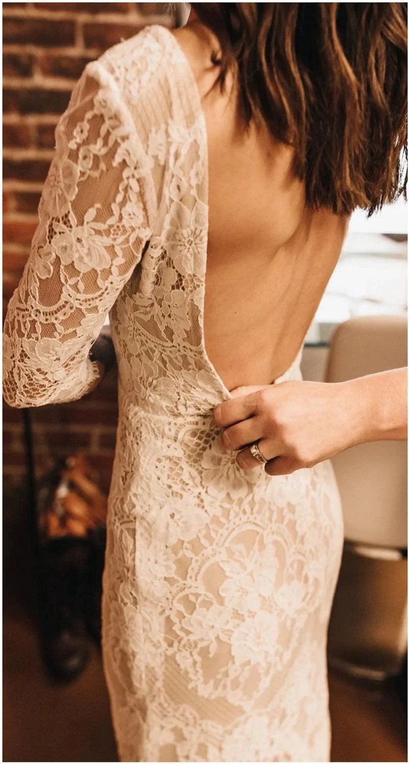 Boho Lace V Neck Mermaid Wedding Dresses With Court train (ZD16223)