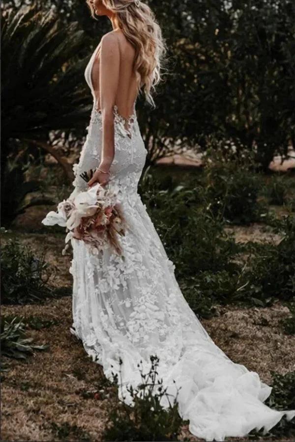 Boho Mermaid Wedding Dress Flower Appliques Deep V Neck Bridal Gown (ZD16389)