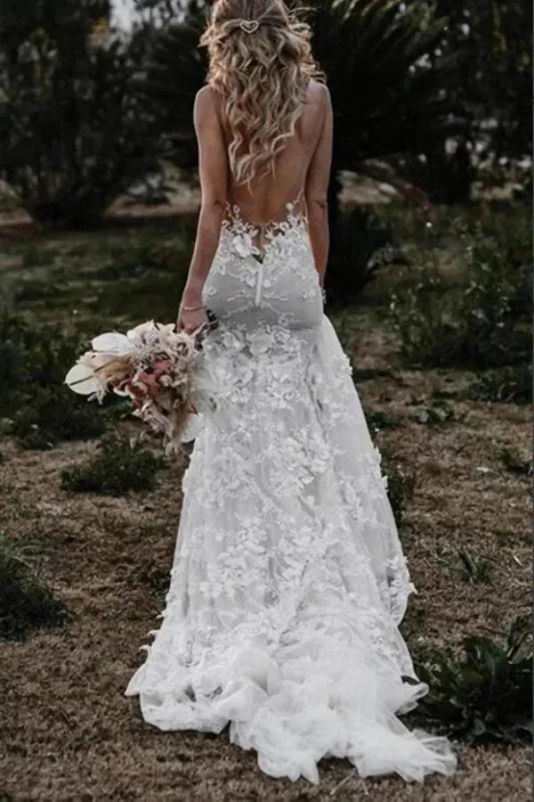 Boho Mermaid Wedding Dress Flower Appliques Deep V Neck Bridal Gown (ZD16389)