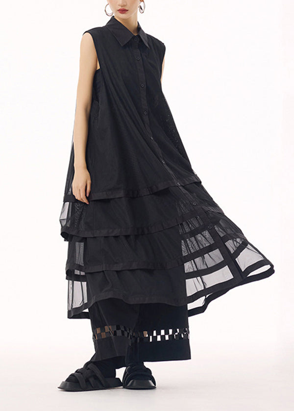 Boutique Black Peter Pan Collar Tulle Layered Patchwork Cotton Dress Summer