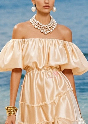 Boutique Champagne Cold Shoulder Silk Robe Dresses Puff Sleeve