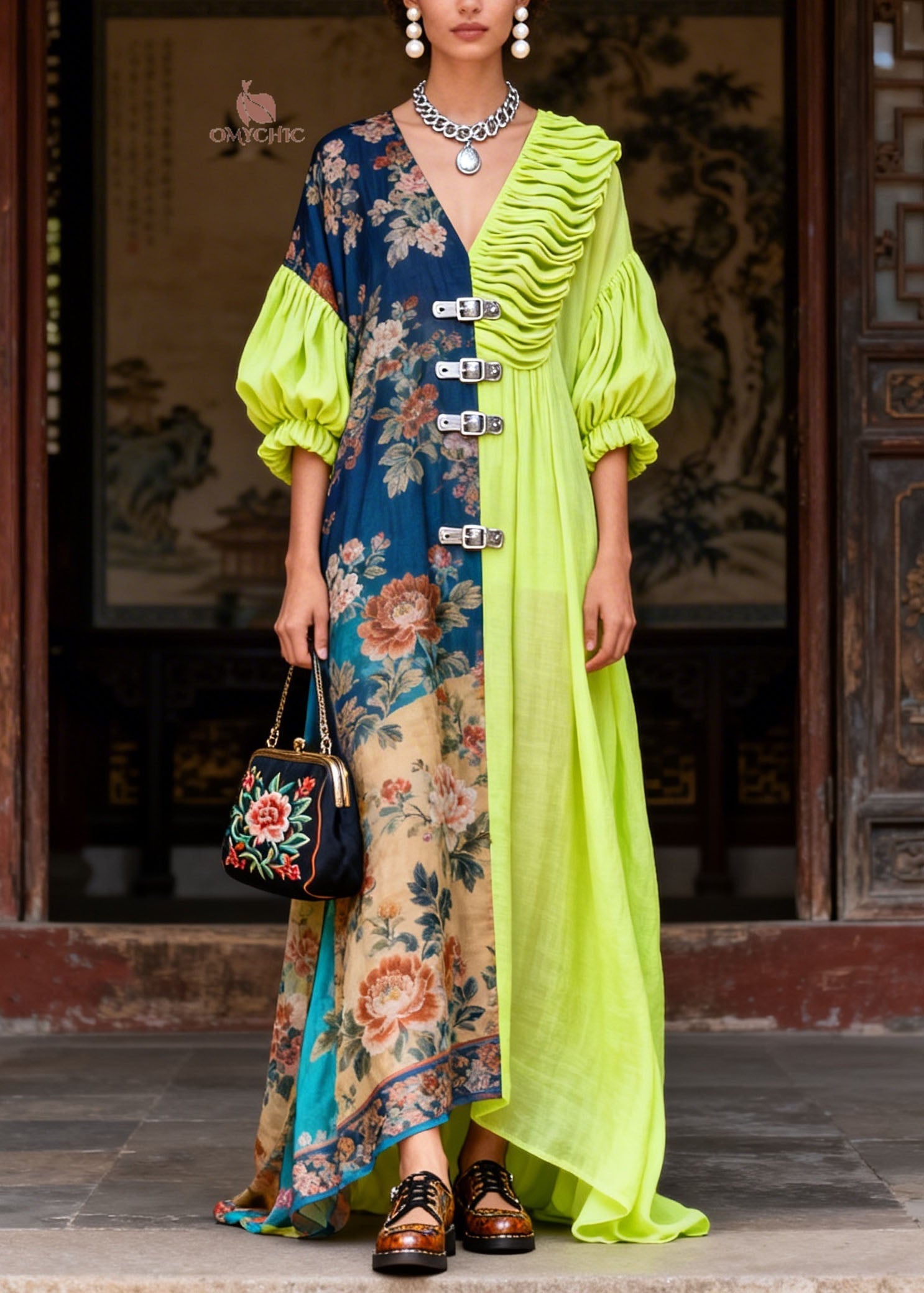 Boutique Colorblock V Neck Wrinkled Patchwork Cotton Robe Dresses Summer