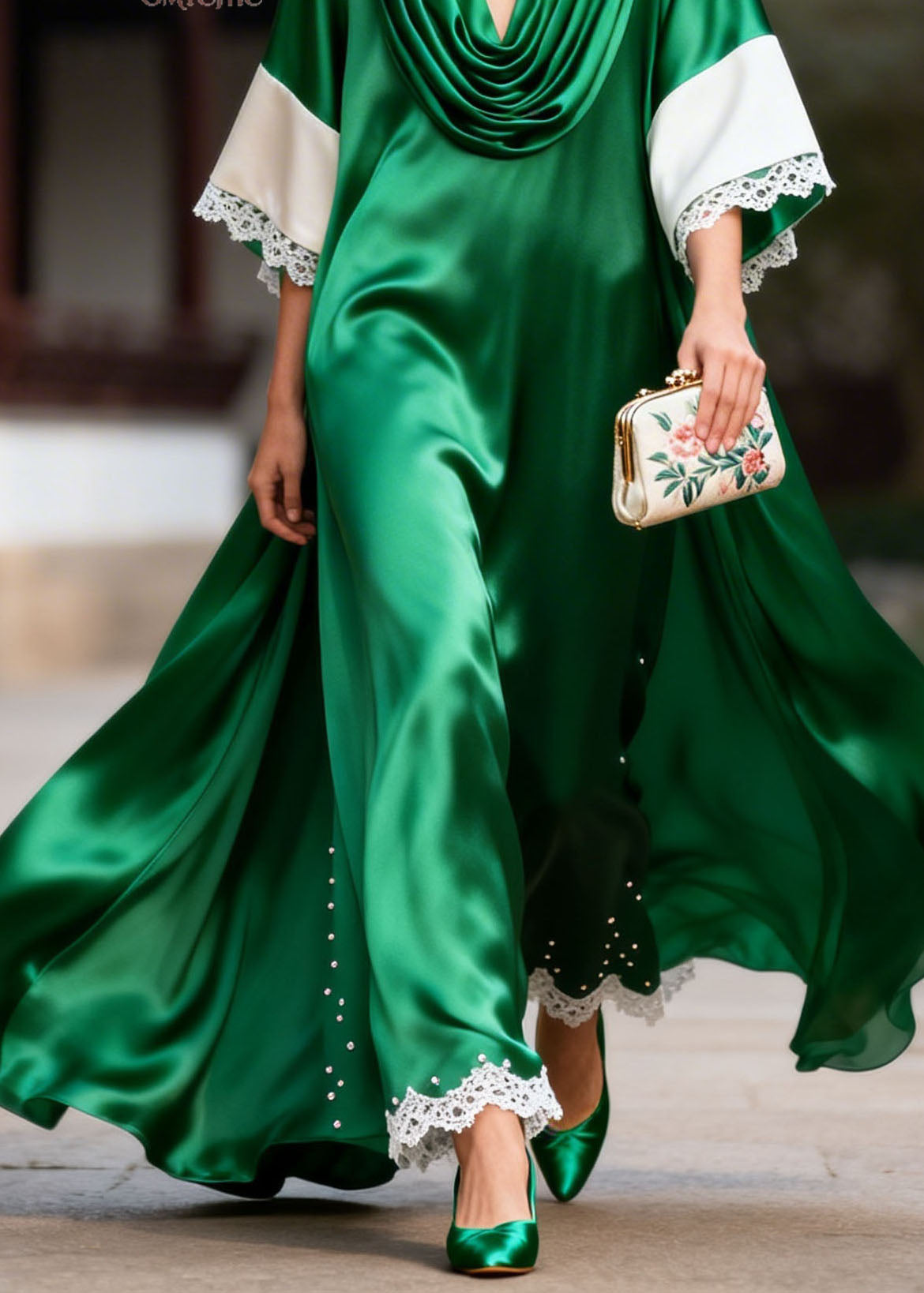 Boutique Green Lace Patchwork Nail Bead Silk Dress Summer