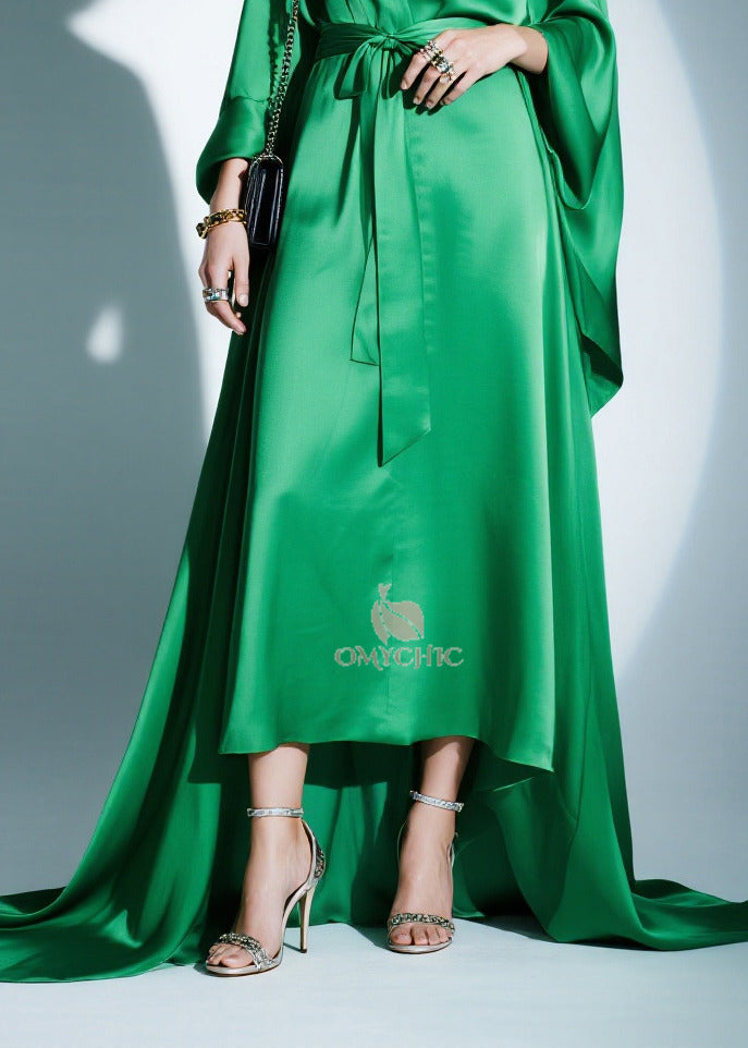Boutique Green Tie Waist Exra Large Hem Silk Party Dresses Batwing Sleeve