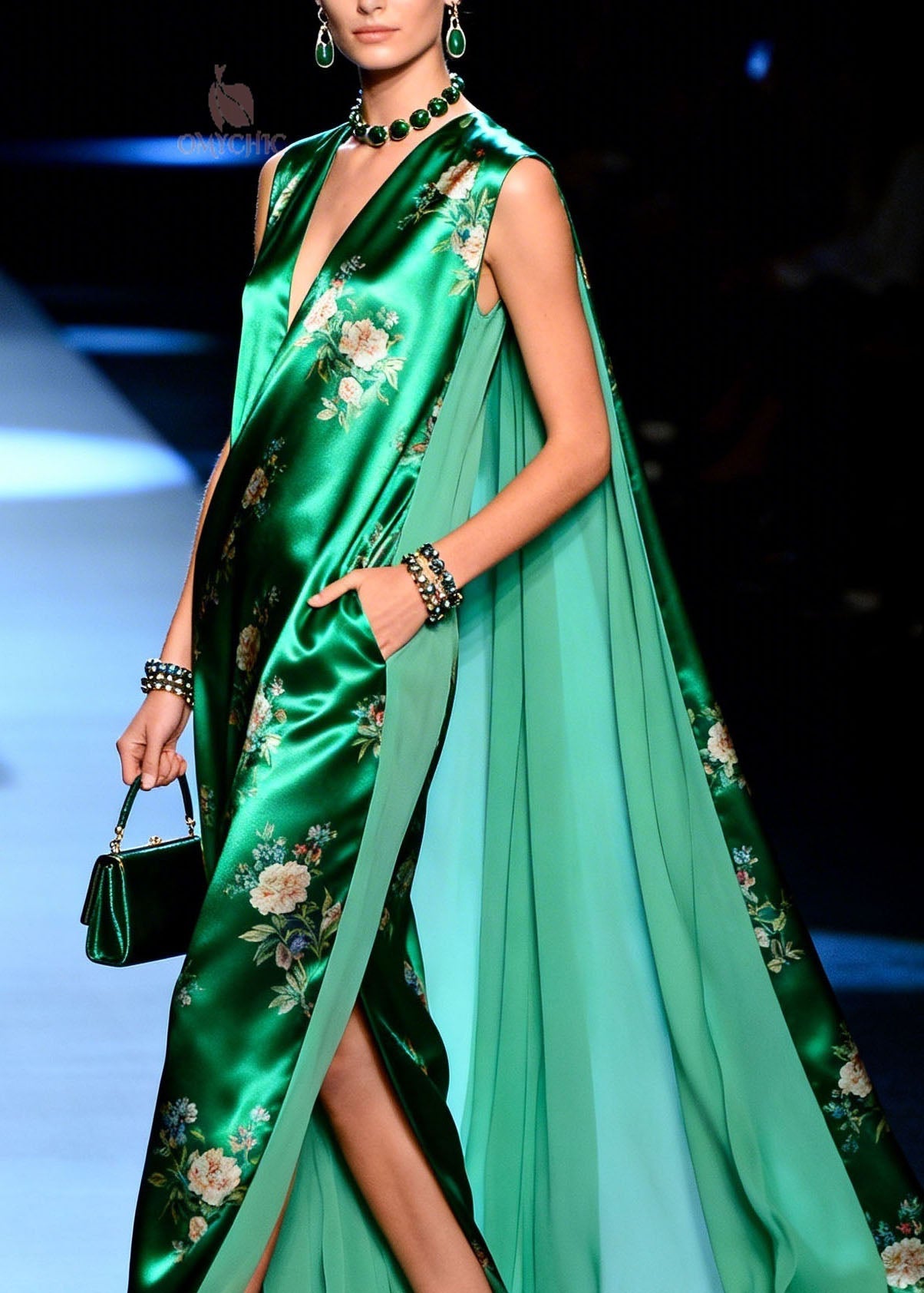 Boutique Green V Neck Print Patchwork Chiffon Dresses Summer
