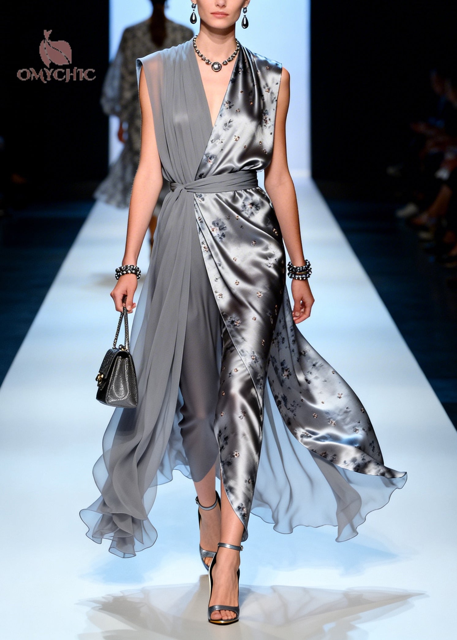 Boutique Grey Asymmetrical Print Chiffon Tunic Dress Summer