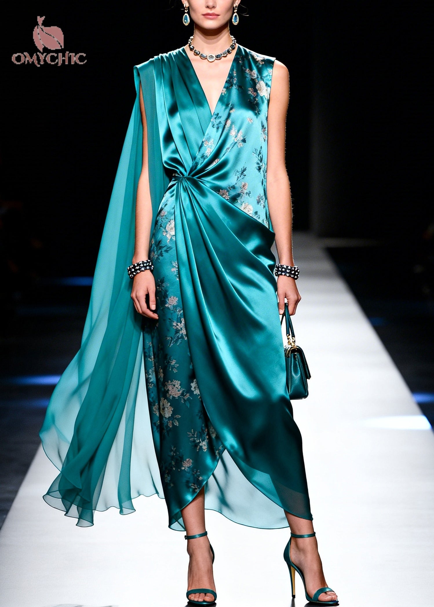 Boutique Peacock Green Asymmetrical Design Print Chiffon Dresses Summer