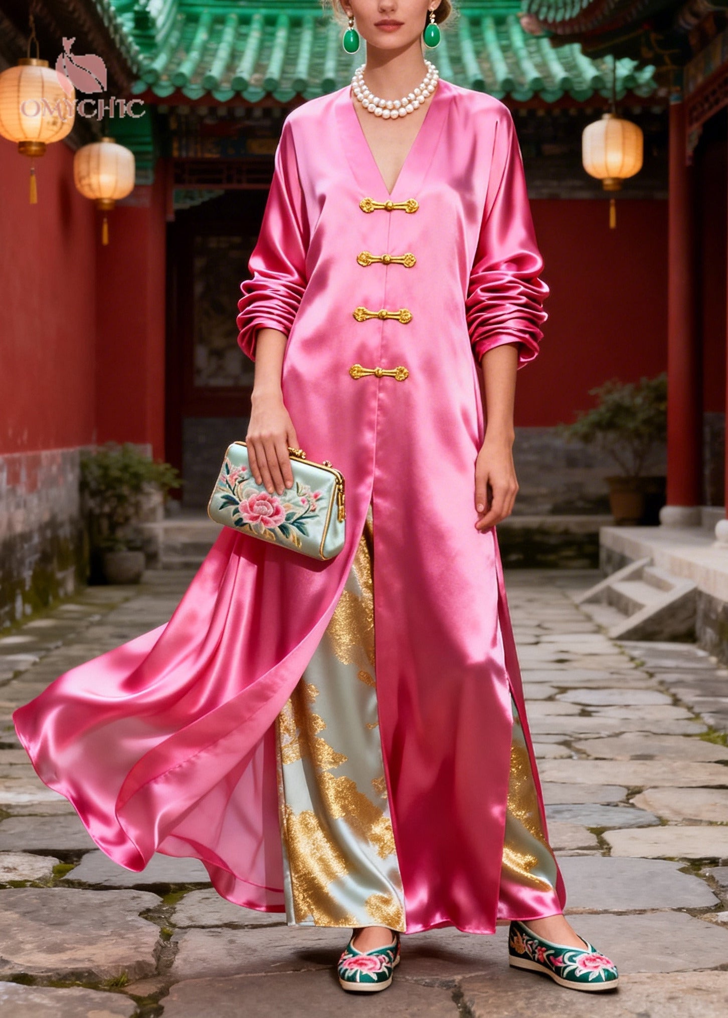 Boutique Pink Oversized Chinese Button Silk Fake Two Piece Dress