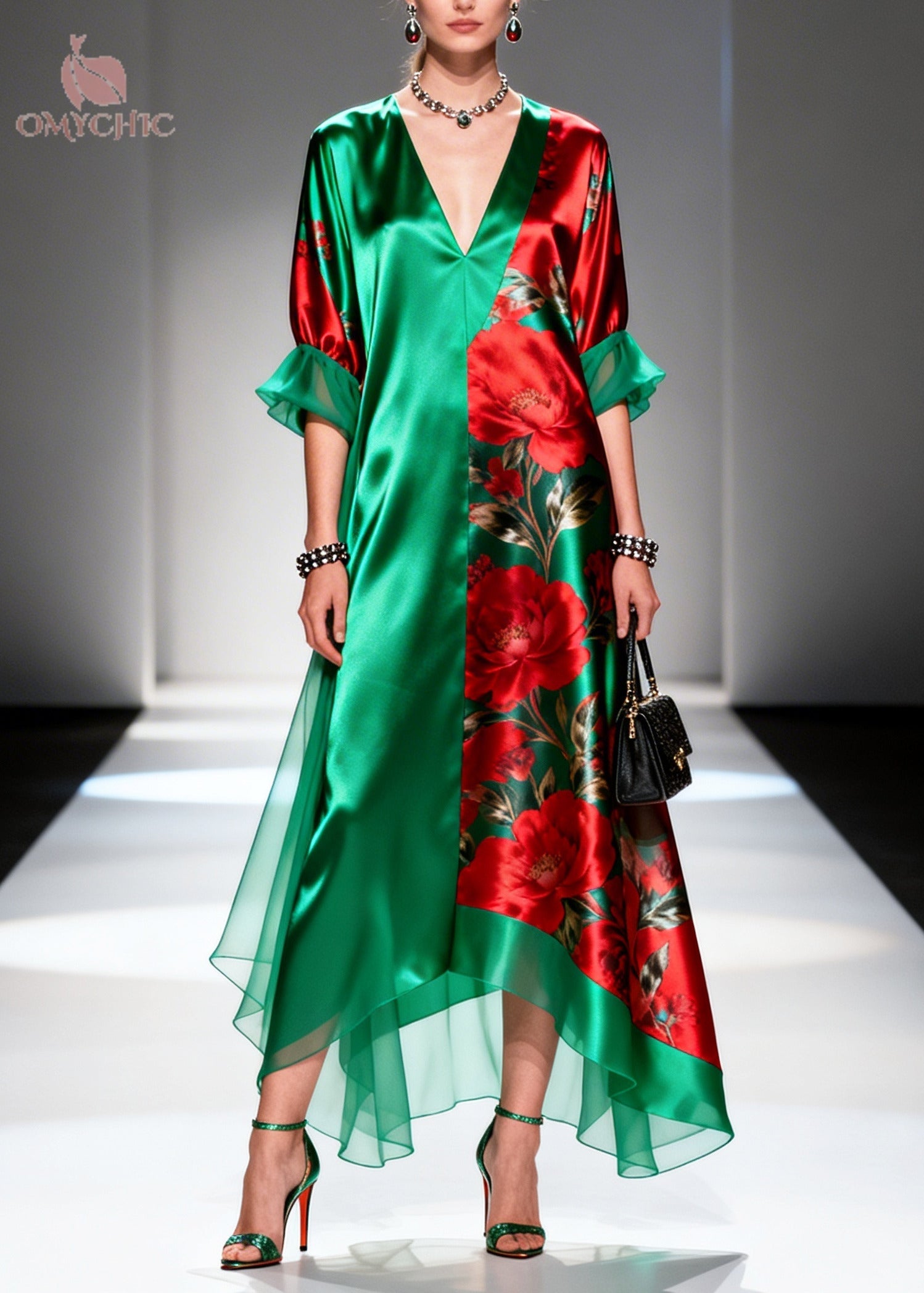 Boutique Tea Green Oversized Print Silk Long Dress Summer