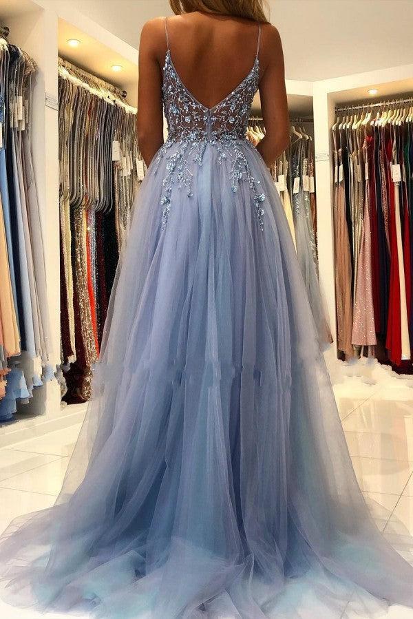 Breath-taking Sleeveless Tulle Ocean Blue Split  Appliques Prom Dresses