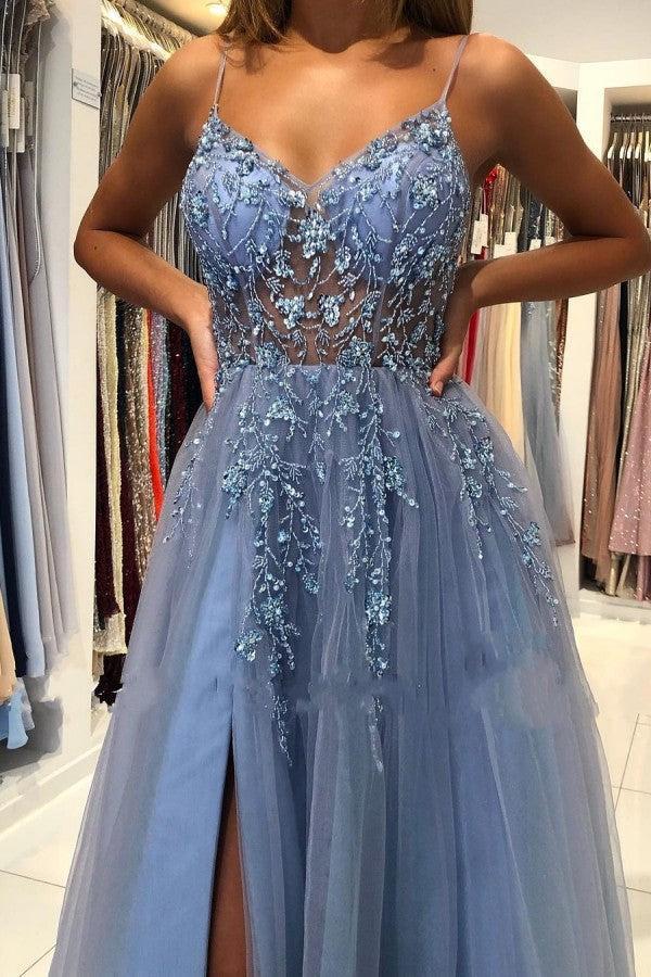 Breath-taking Sleeveless Tulle Ocean Blue Split  Appliques Prom Dresses