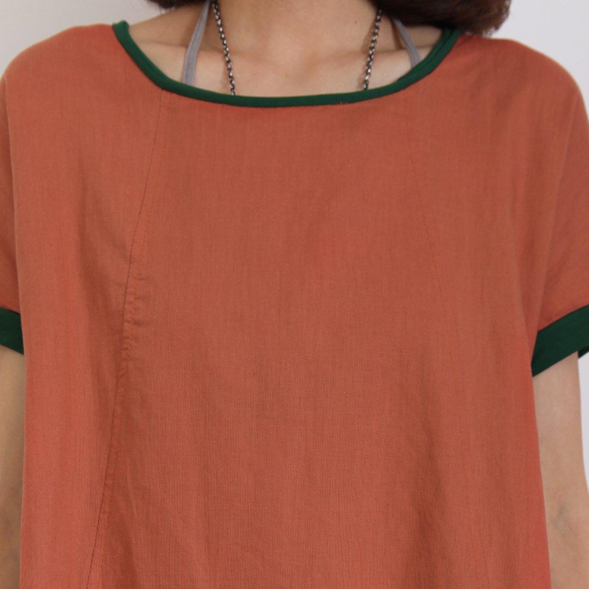 Brick red summer cotton dress short sleeve linen shift dress