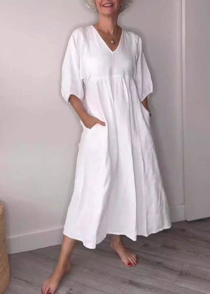 Brief White V Neck Patchwork Pockets Holiday Long Dress Half Sleeve