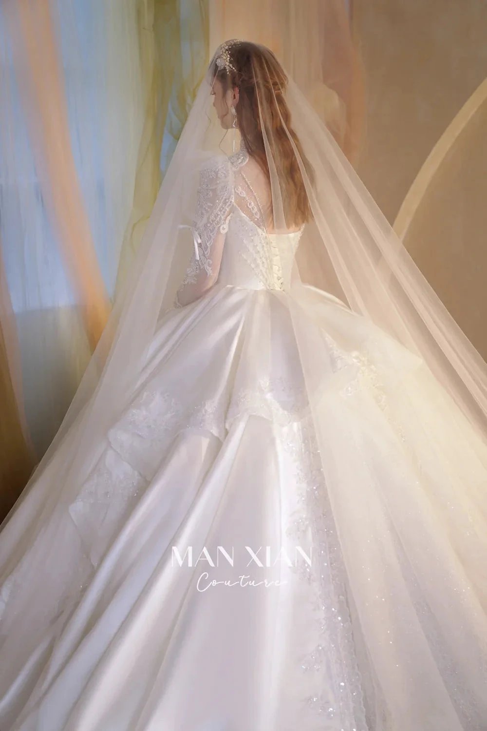 Gorgeous Long Ball Gown High Neck Sheer Long Sleeve Satin Wedding Dress with Crystal Embroidery & Train (ZD16940)