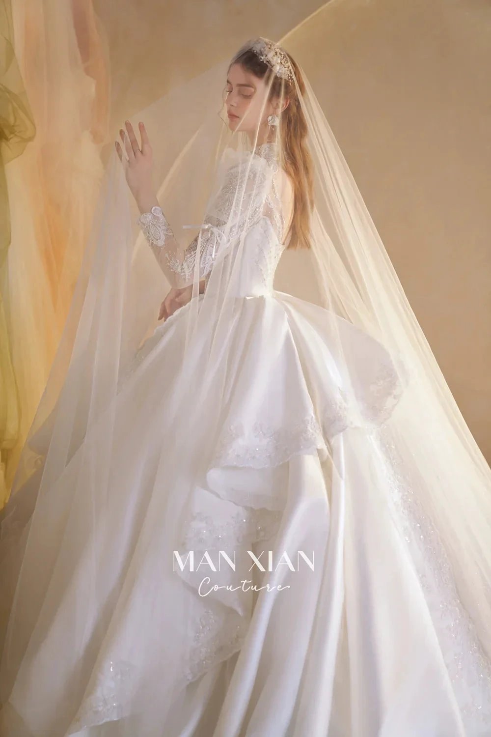 Gorgeous Long Ball Gown High Neck Sheer Long Sleeve Satin Wedding Dress with Crystal Embroidery & Train (ZD16940)