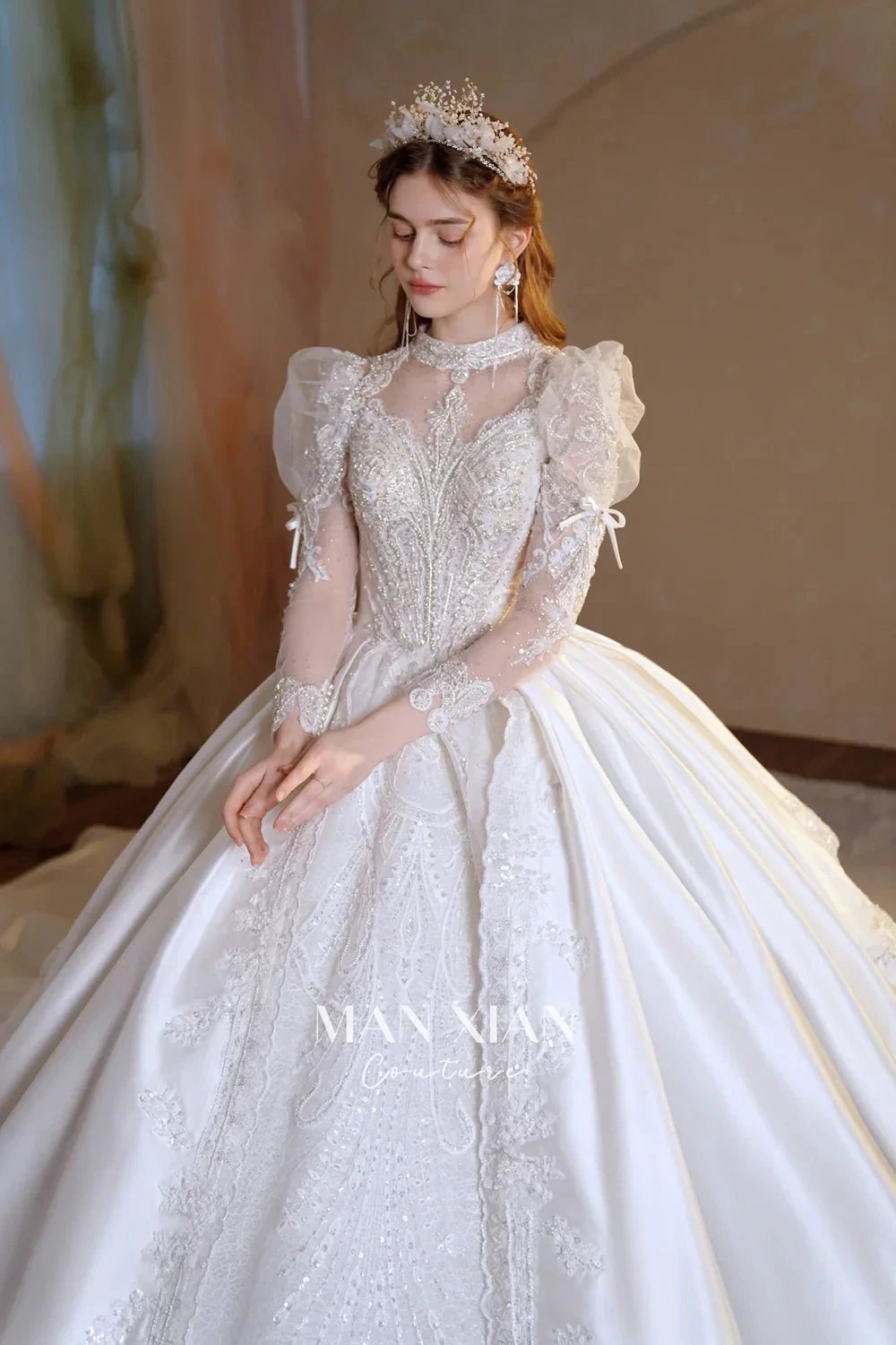 Gorgeous Long Ball Gown High Neck Sheer Long Sleeve Satin Wedding Dress with Crystal Embroidery & Train (ZD16940)