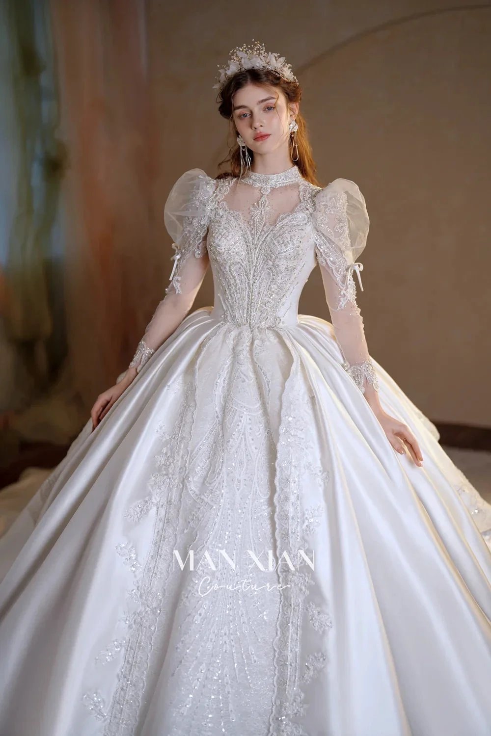 Gorgeous Long Ball Gown High Neck Sheer Long Sleeve Satin Wedding Dress with Crystal Embroidery & Train N002 by ZAPDRESS