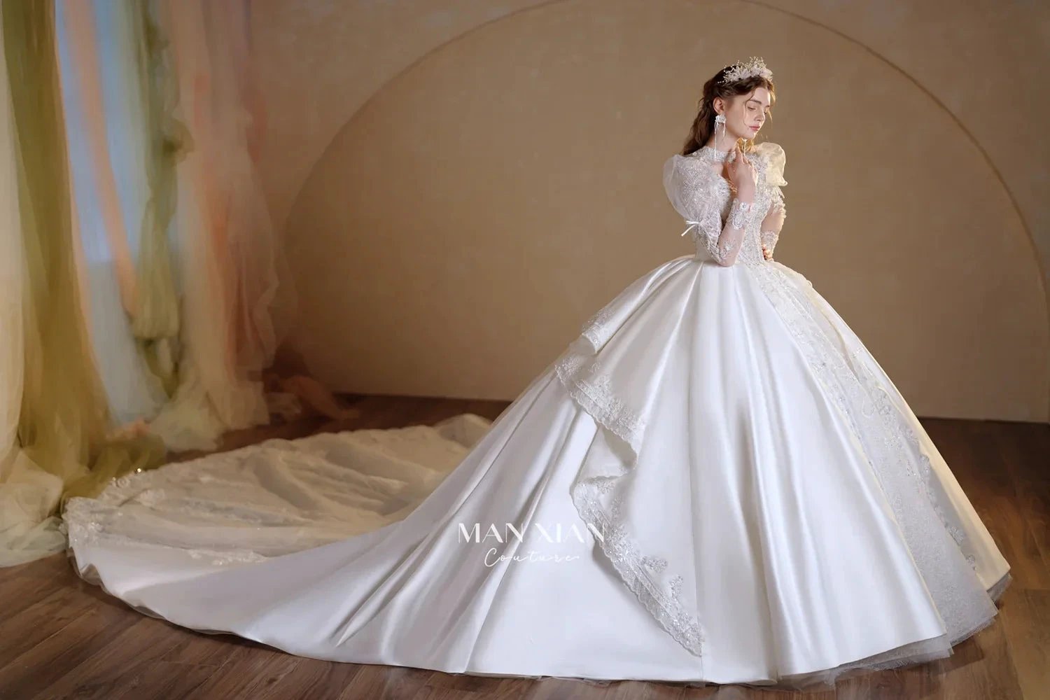 Gorgeous Long Ball Gown High Neck Sheer Long Sleeve Satin Wedding Dress with Crystal Embroidery & Train (ZD16940)