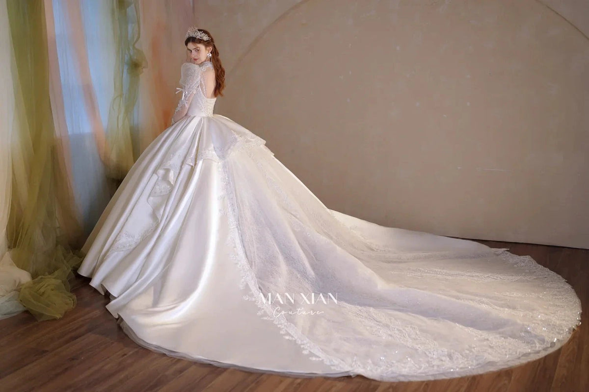 Gorgeous Long Ball Gown High Neck Sheer Long Sleeve Satin Wedding Dress with Crystal Embroidery & Train (ZD16940)