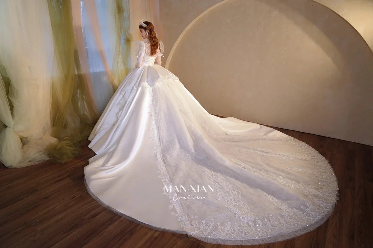 Gorgeous Long Ball Gown High Neck Sheer Long Sleeve Satin Wedding Dress with Crystal Embroidery & Train (ZD16940)