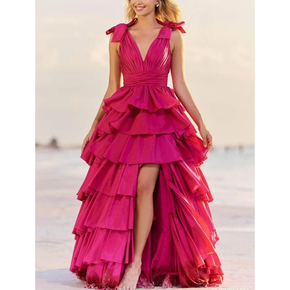 Rose Pink V Neck Sleeveless Slit Evening Dress Female Formal Party Prom Gown