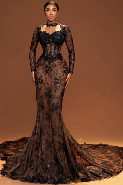 Brown Mermaid Crew Black Prom Dress Lace Beaded Sleeve Court Train Formal Dress