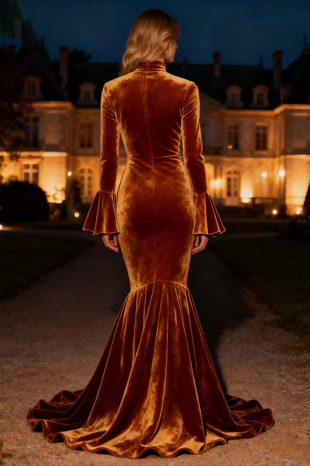 Suzhoufashion Brown Mermaid High Neck Long Velvet Holiday Party Dress With Slit