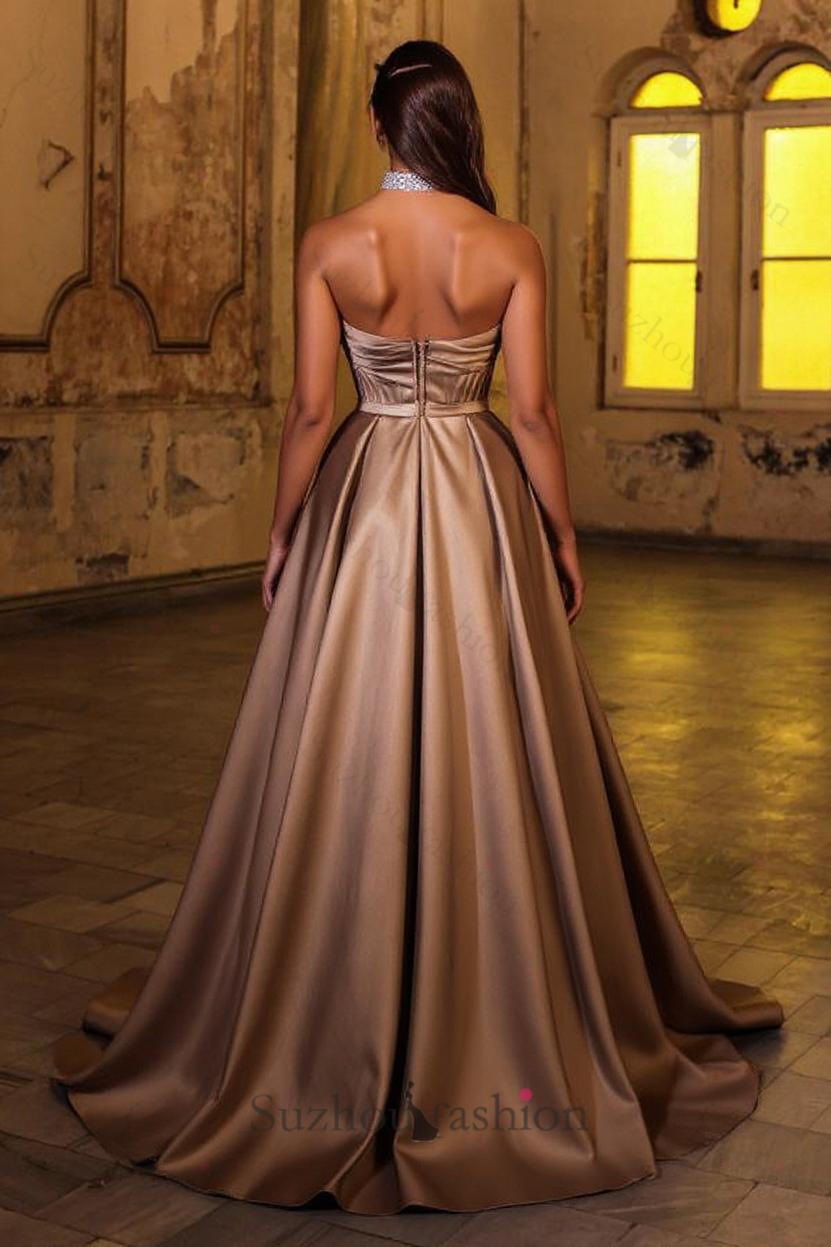 Brown Prom Dress Sweetheart Sleeveless Satin Slit Formal Dress With Rhinestones