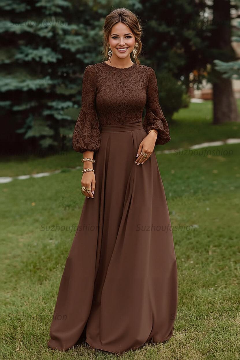 Lace Dusty Rose Puff Sleeves A Line Floor Length Mother Of The Bride Dress