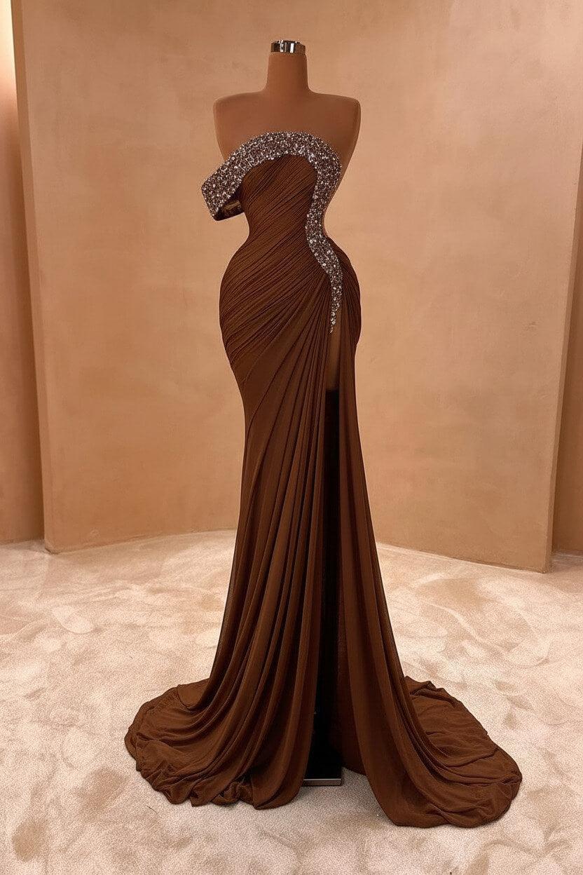 One Shoulder Sleeveless Long Split Evening Formal Dress With Pleated Sequined