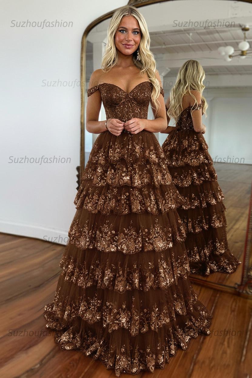 Glitter Hot Pink Corset Off the Shoulder Lace Long Prom Dress