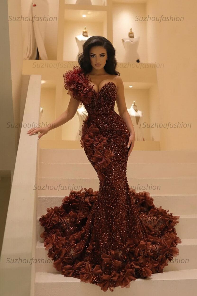 Burgundy One Shoulder Prom Dress Mermaid Sequined Formal Evening Dress with 3D Flowers